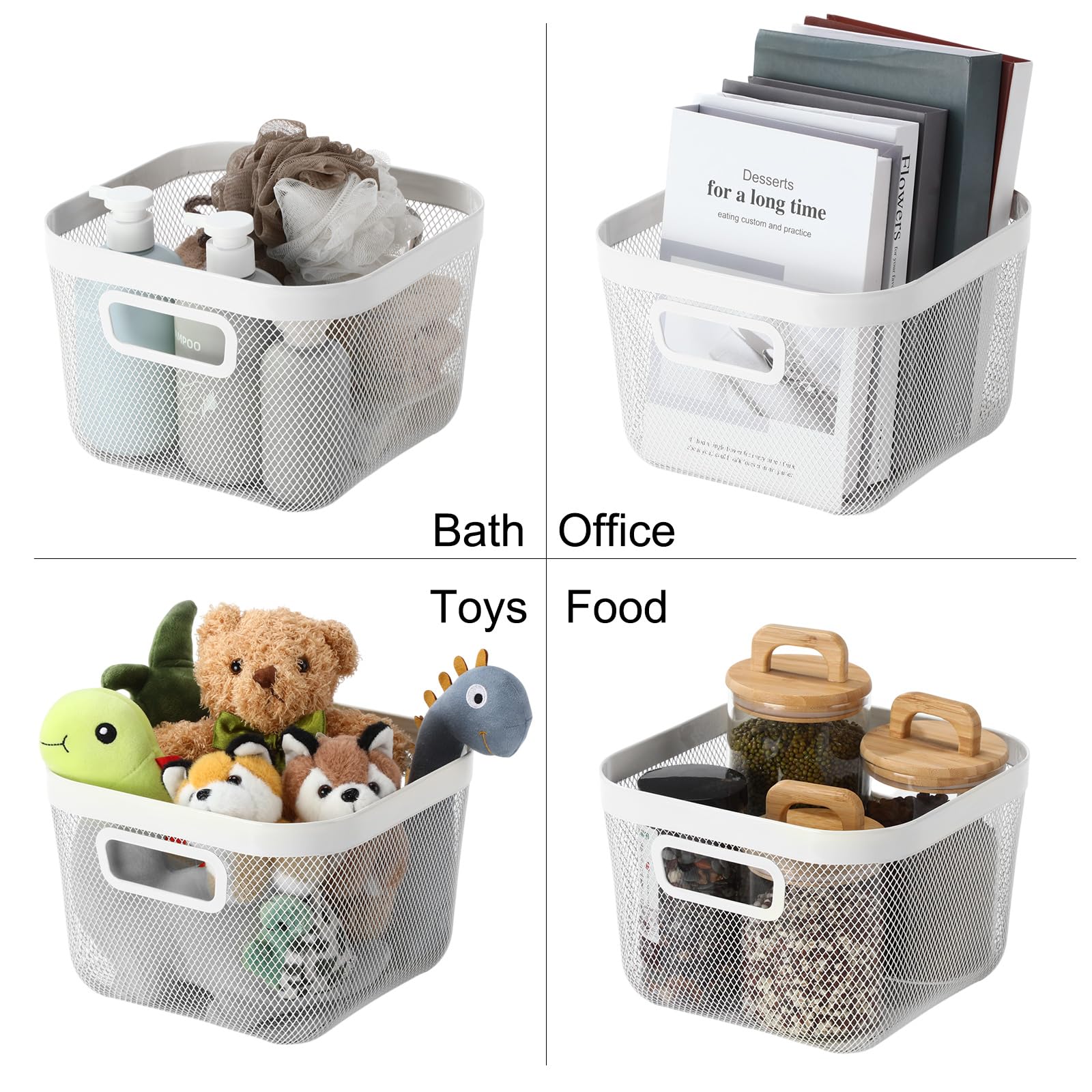 MorningRo 4 Pack Metal Mesh Basket with Hollow Handles White Wire Storage Bin for Organizing Stackable Metal Fine Mesh Basket for Pantry Bathroom Kitchen Cabinets Shelves (Medium)