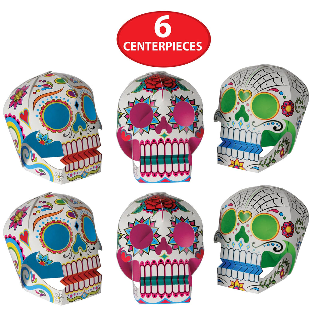 Beistle 6 Piece Three Dimensional Sugar Skull Day Of The Dead Centerpieces - Eye-Catching Dia De Los Muertos Party Decorations, Made In USA Since 1900