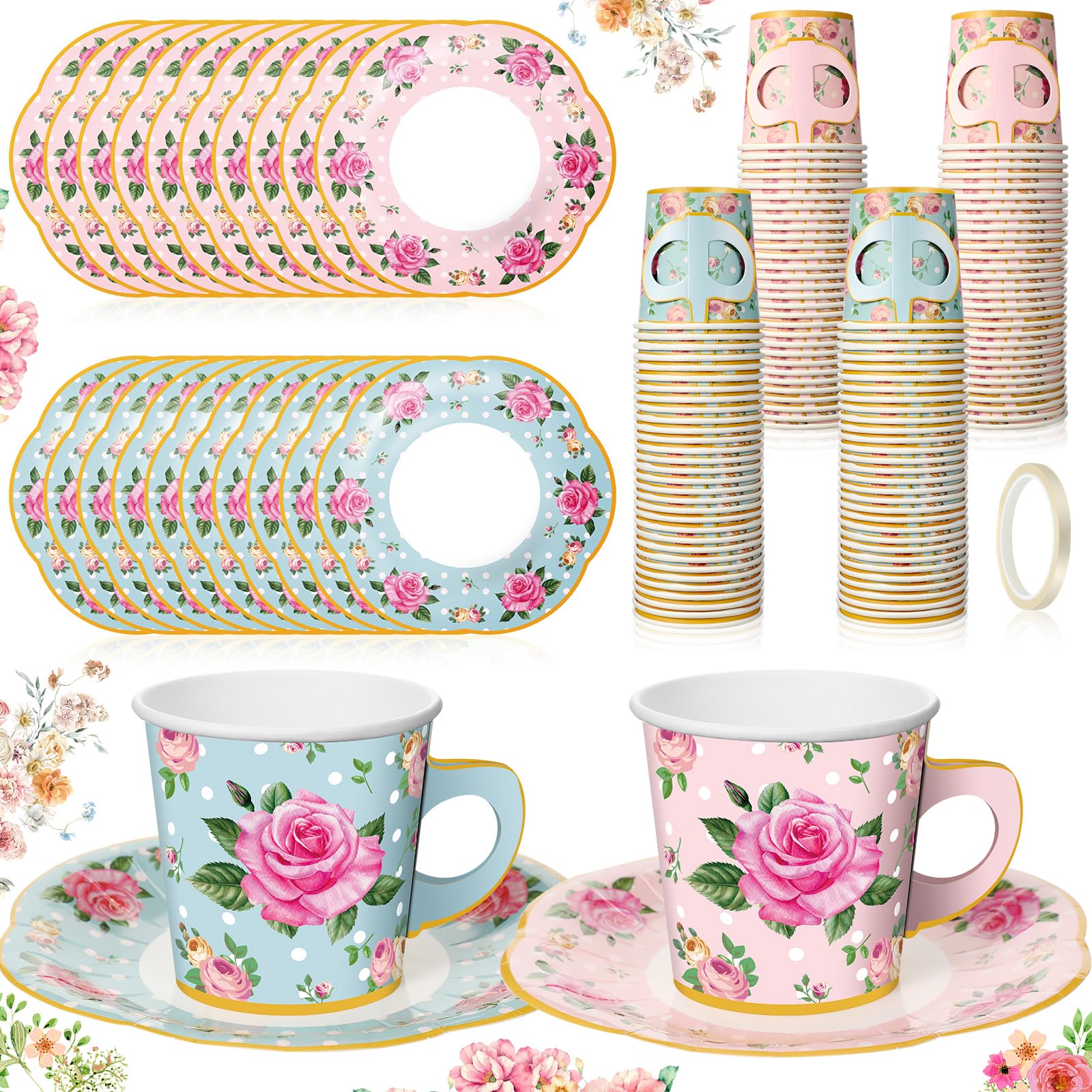 Umigy 60 Sets Mother's Day Tea Party Decorations 9 oz Floral Paper Teacups & Saucer Set for Girls Women Tea Parties Mothers Day Bridal Shower Wedding Birthday Party Decorations(Pink, Blue)