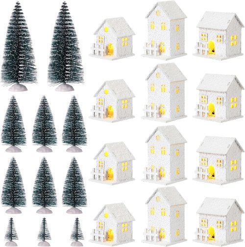 Kajaia Christmas Winter Village Set - 12 Houses & Trees with LED Lights | Cute White Figurines