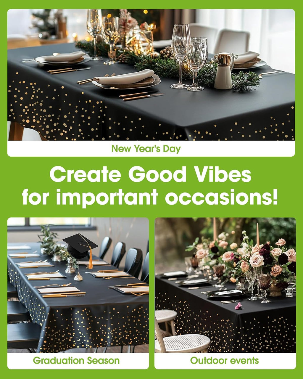 Pureegg Disposable Plastic Table Cloths - 10 Pack, 54 x 108 Inch, Sturdy Black & Gold Graduation Decor