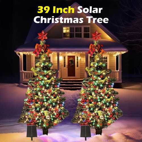 2-Pack 3.2FT Solar Christmas Tree Lights Outdoor Waterproof, 100LED 8 Lighting Modes Xmas Ball & Red Berry Outdoor Christmas Tree, Christmas Decorations Outdoor for Holiday Display Courtyard Decor