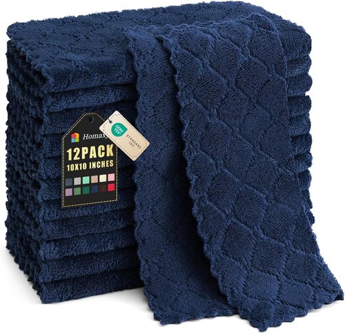 Homaxy Kitchen Dish Cloths - Super Soft & Absorbent Coral Velvet | 12 Pack, 10 x 10 Inches, Navy Blue