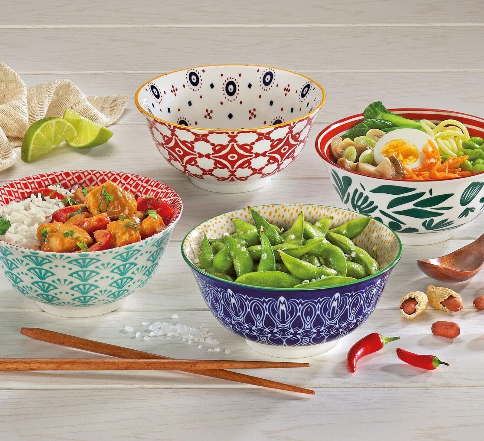 Cilio Amici Decorated Porcelain Bowl, 17 Ounce Capacity, 6" D x 2.75" H, Set of 6, Leaves Pattern