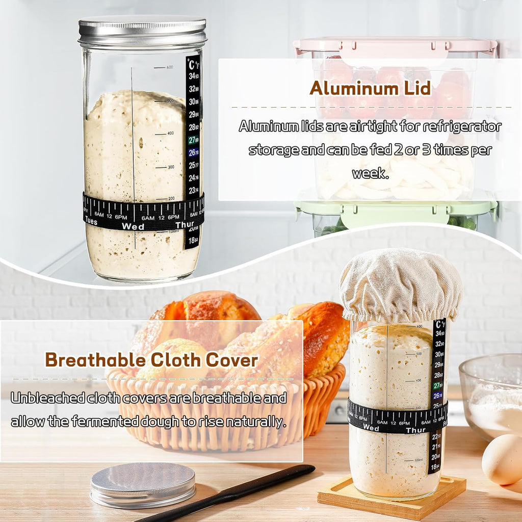 Skiennix Sourdough Starter Kit - 24 oz Glass Jar with Date Marked Feeding Band & Accessories