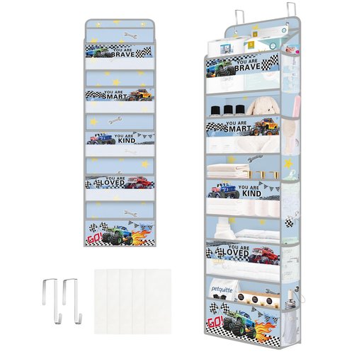 Clastyle Car Over the Door Organizer Nursery Hanging Storage Organizer for Boys Clothes Diaper Toy Closet Door Hanging Shelf Storage for Bedroom Bathroom Pantry, Off-Road Vehicle, 5-Tier