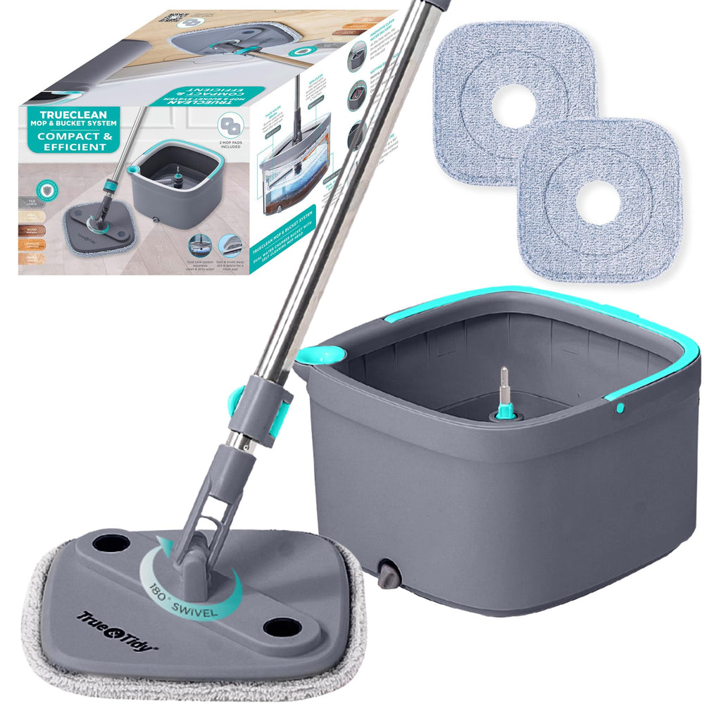 TRUE & TIDY Square Spin Mop & Bucket System – Dual Chamber for Clean & Dirty Water, 360° Rotating Self-Wringing Mop with Built-in Scrub Brush, Stainless Steel Handle & 2 Reusable Microfiber Mop Pads