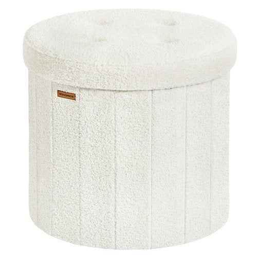 SONGMICS Mazie Collection - Round Storage Ottoman, Folding Footrest Stool with Removable Lid, Easy Assembly, Teddy Fleece Vanity Stool for Bedroom, Living Room, Entryway, Cream White ULSF606W01