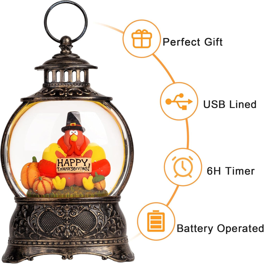 Regine Switzerland Snow Globe - Swirling Glitter Thanksgiving Lantern | Autumn Harvest Decor (Turkey & Pumpkins)