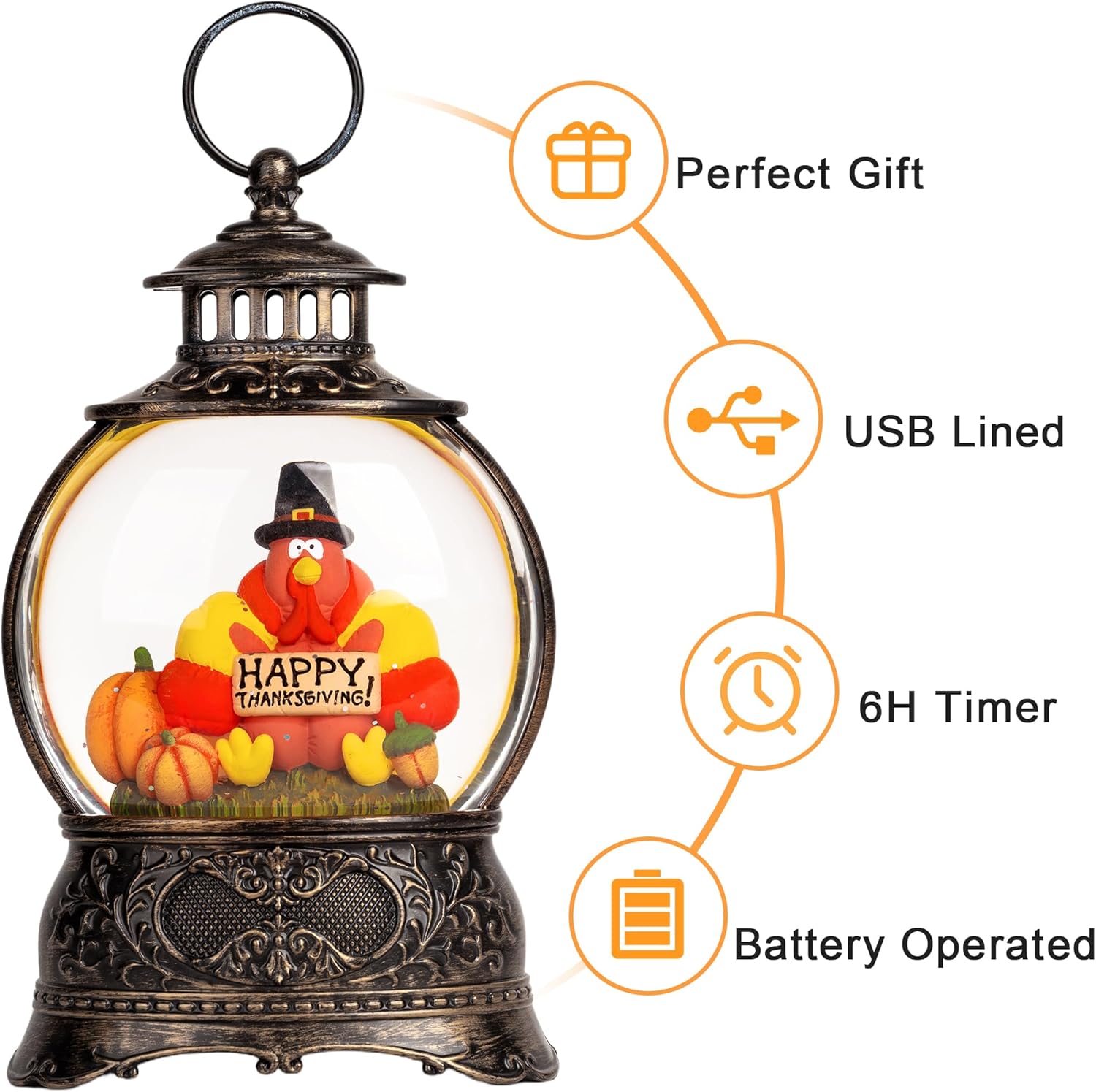 Regine Switzerland Snow Globe - Swirling Glitter Thanksgiving Lantern | Autumn Harvest Decor (Turkey & Pumpkins)