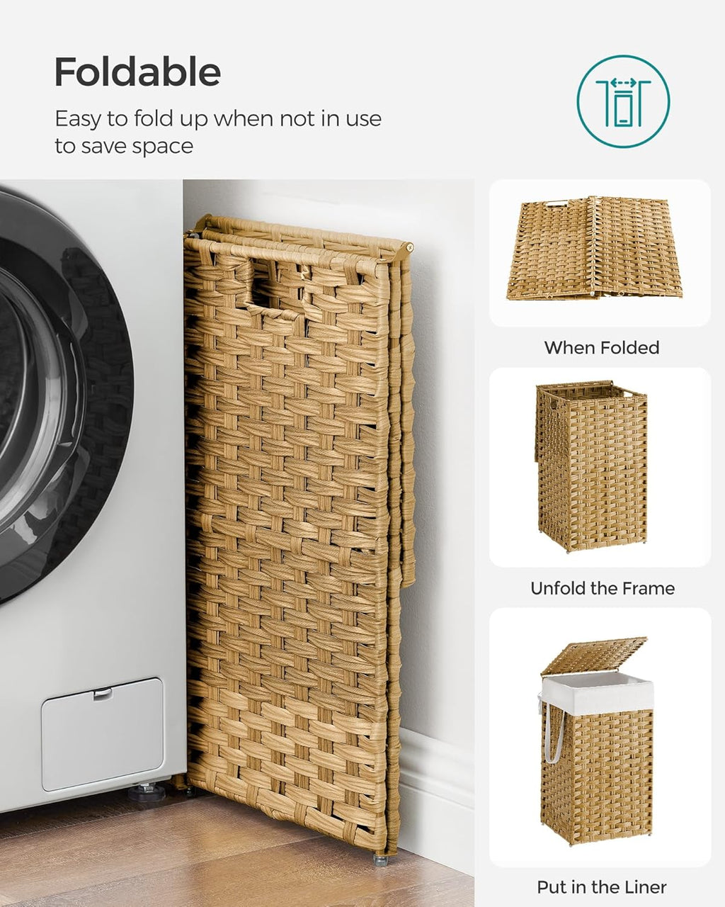 SONGMICS Laundry Hamper - 17.2 Gallon Synthetic Rattan Basket with Lid & Handles | Foldable, Goose Yellow