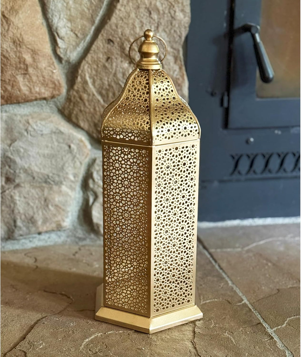 VELA Lanterns 16" Champagne Gold Moroccan Candle Lantern - Elegant Metal Hexagon for Table or Hanging Decor