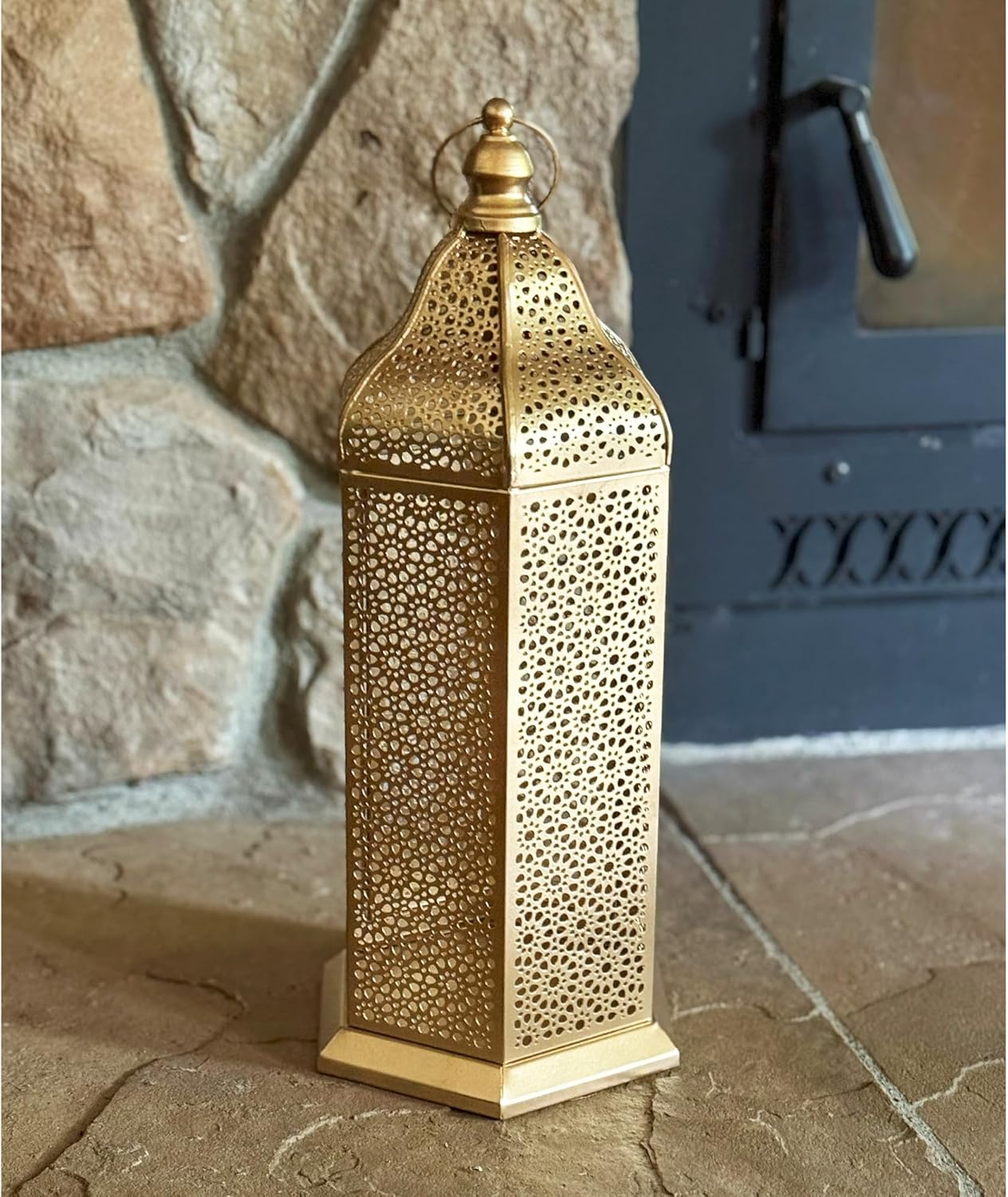 VELA Lanterns 16" Champagne Gold Moroccan Candle Lantern - Elegant Metal Hexagon for Table or Hanging Decor