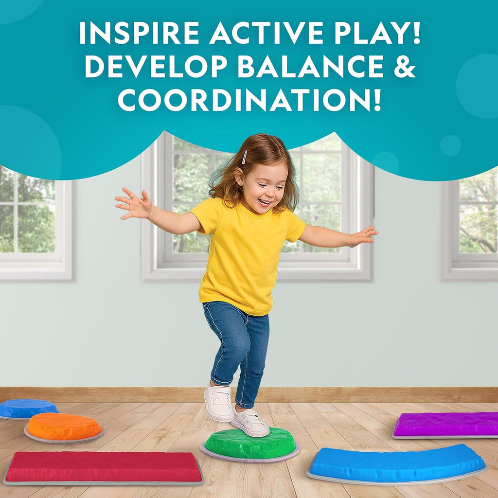 National Geographic Kids Stepping Stones & Balance Beams - 12-Piece Obstacle Course for Ages 3+ with Foam Dice & Non-Slip Base