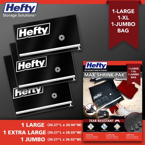 Hefty MAX Shrink-Pak Vacuum Seal Storage Bags for Clothing, Travel, Bedding | Tear-Proof, Dual-Valve Space Saver Compression Bags - 1 Large, 1 XL, 1 Jumbo