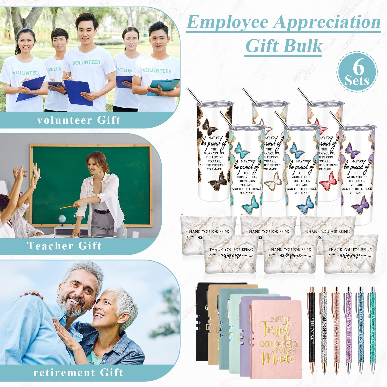Geiserailie 36 Pcs / 6 Sets Appreciation Gift Set for Teachers Employee Thank You Gift 20 oz Rustic Marble Sign Tumbler Makeup Bag Journal for Womens Nurse Teacher Coworker Team(May You Be Proud)