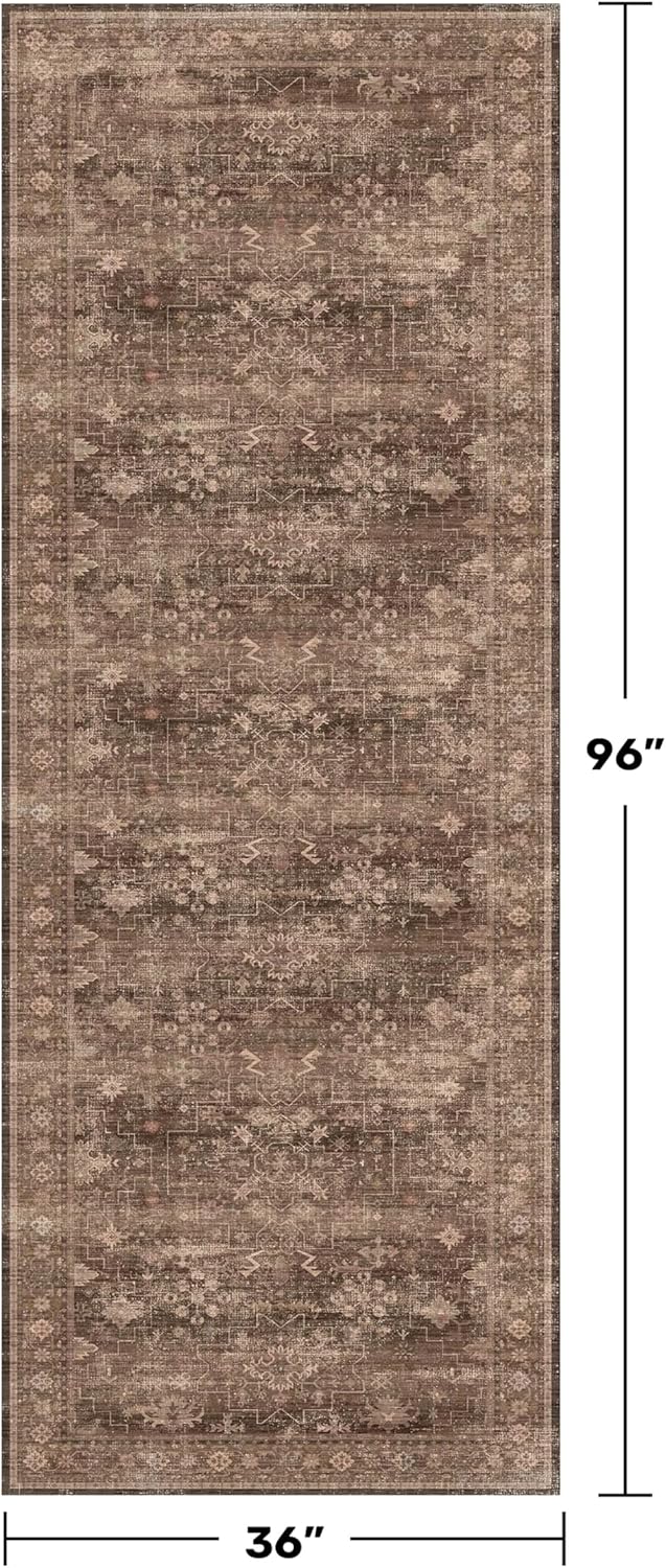 Regine Switzerland Brown Washable Long Runner Rug - Non-Slip Rubber Backing | 3x8 ft Boho Vintage Design for Hallways & Entryways