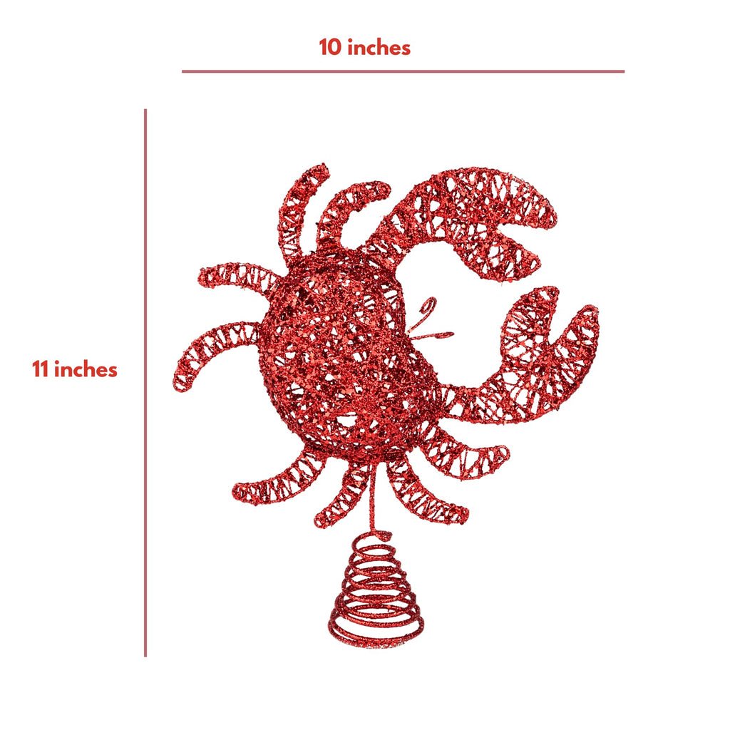 Needzo Nautical Christmas Tree Topper, Hollow Glittered Red Crab, Coastal Holiday Home Decor, 11 x 2.5 x 10 Inches