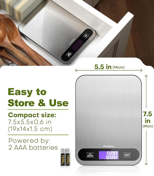 Atogou Digital Kitchen Scale - 33lb/15kg Capacity with Full View LCD Display & Durable Stainless Steel Surface | Black