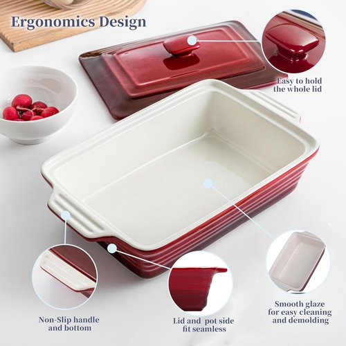 LOVECASA 4.5 Quart Ceramic Casserole Dish - Oven & Dishwasher Safe Lasagna Pan with Lid | Gradient Red