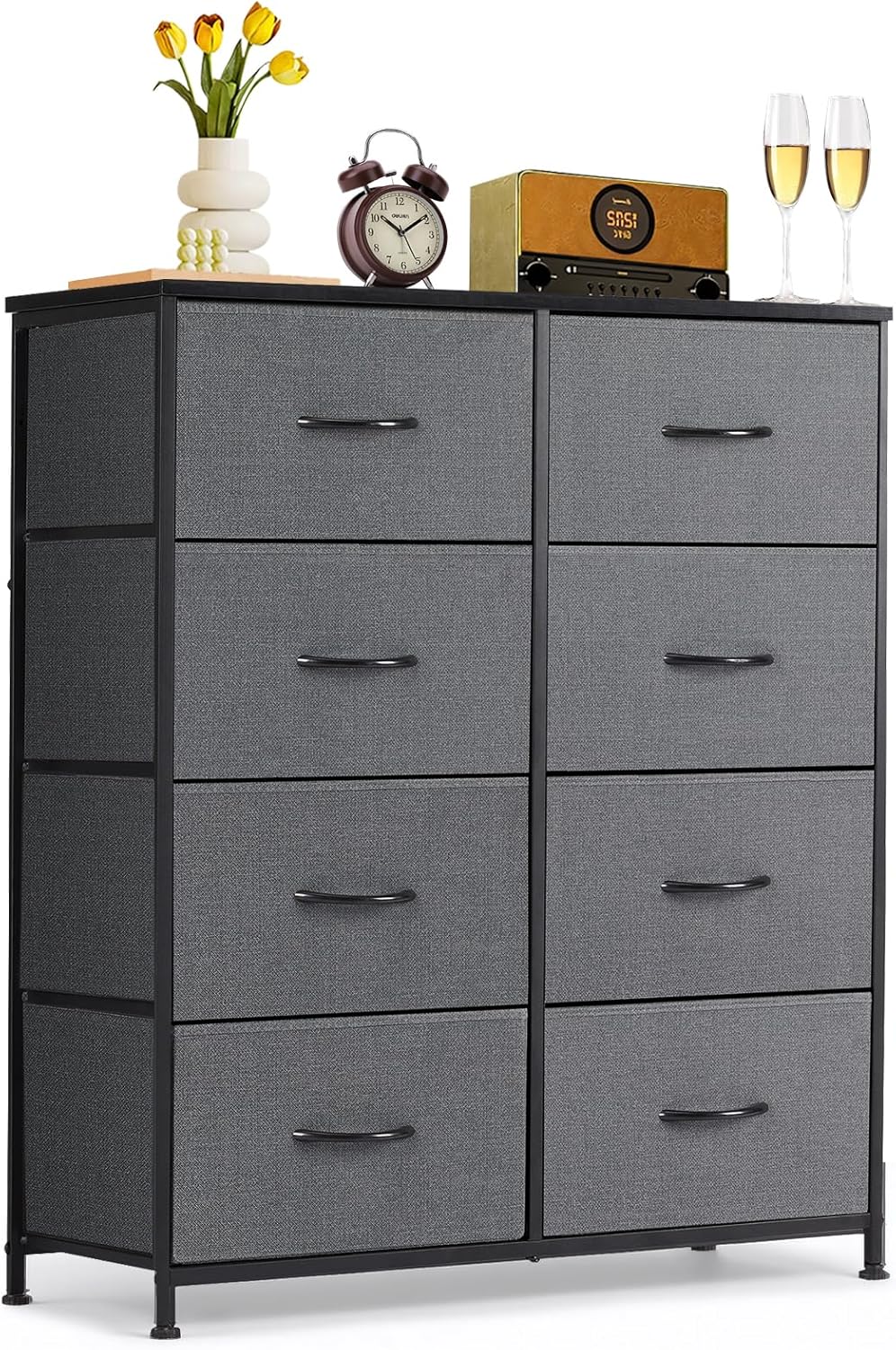Skiennix 8-Drawer Dresser - Anti-Tip Tall Storage Organizer with Wooden Top & Metal Frame - Gray