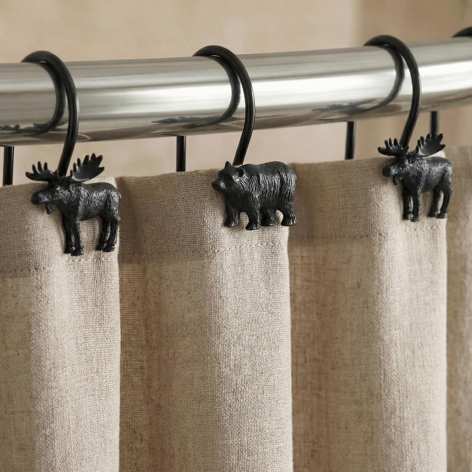 Bear & Deer Shower Curtain Hooks：12 Pcs Black Rustic Cabin & Christmas Reindeer Decorative Hooks Rustproof Stainless Steel Rings - Farmhouse Lodge Western & Woodland-Themed Bathroom Home
