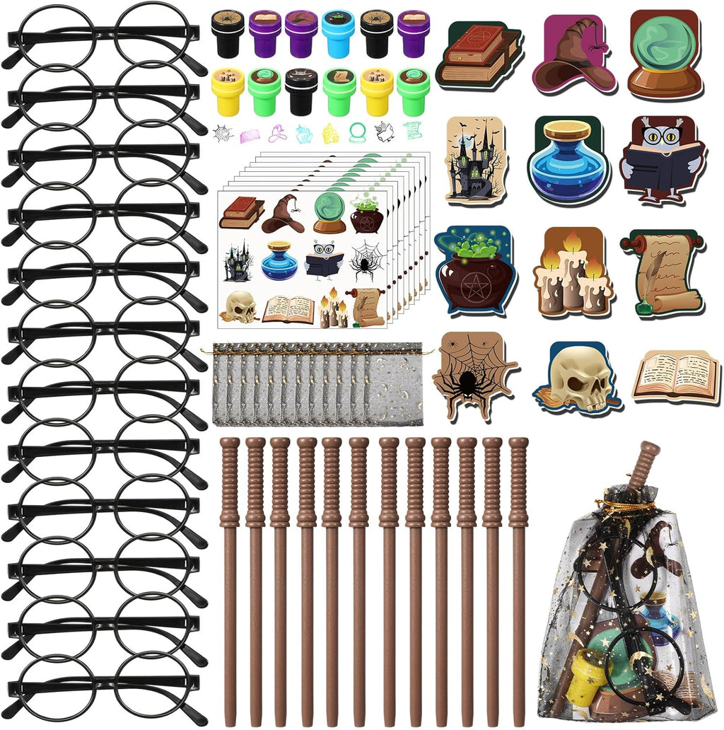 Pasimy Wizard Party Favors - 144 Pcs Magical Goody Bag Set with Mini Notebook, Glasses & Stickers