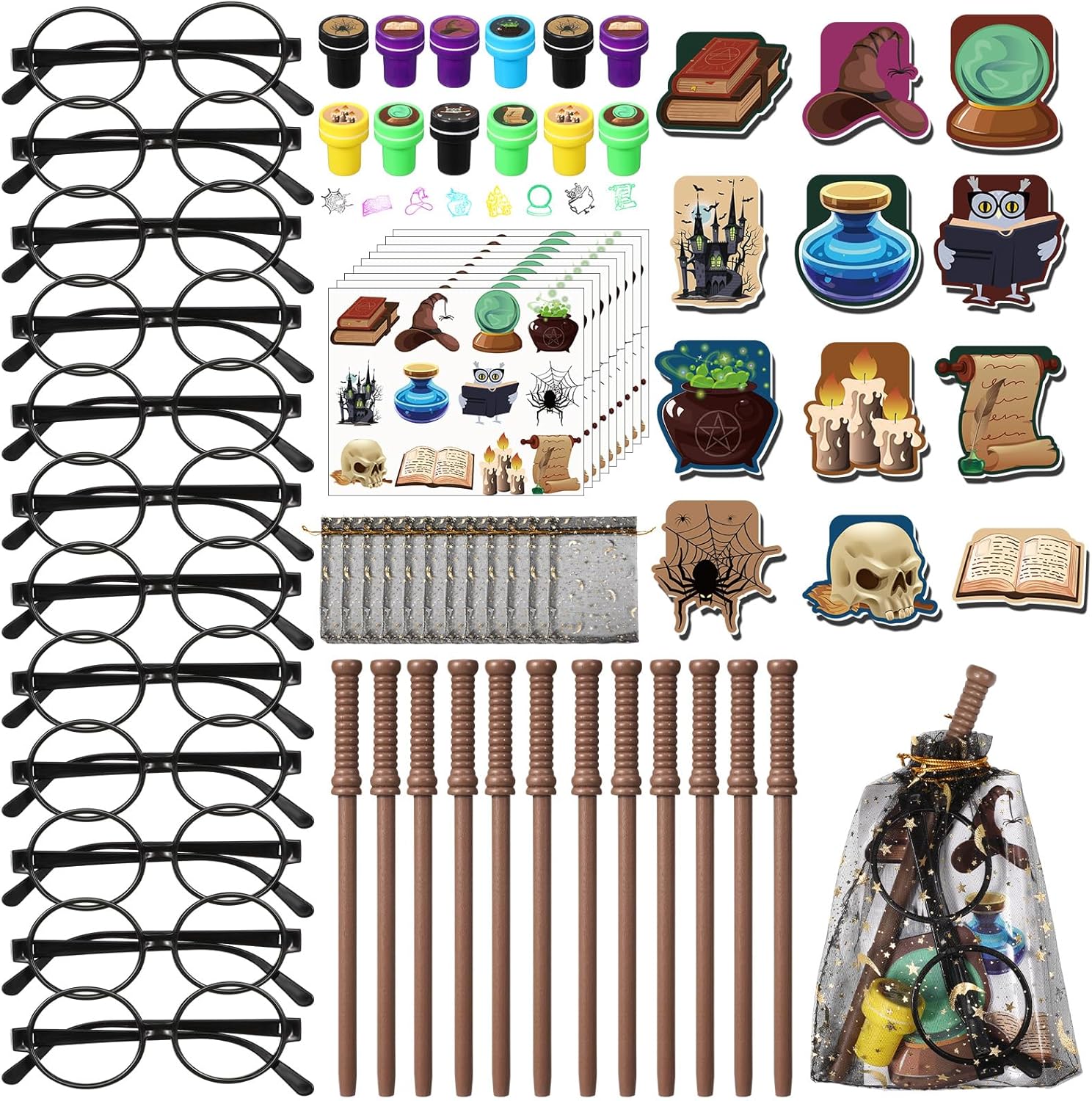 Pasimy Wizard Party Favors - 144 Pcs Magical Goody Bag Set with Mini Notebook, Glasses & Stickers