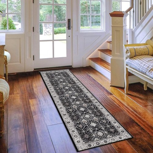 Hallway Runner Rug - 2x8 Washable Oriental Design | Stain Resistant, Ultra Soft, Non-Slip Black Mat