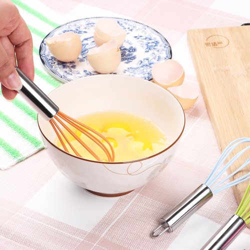 BAEKZ Multi-Color Mini Silicone Kitchen Whisks with Stainless Steel Handles Milk Beater Egg Beater Balloon Whisk for Blending Stirring Whisking and Beating(6.2in, Four colorsl, 8)