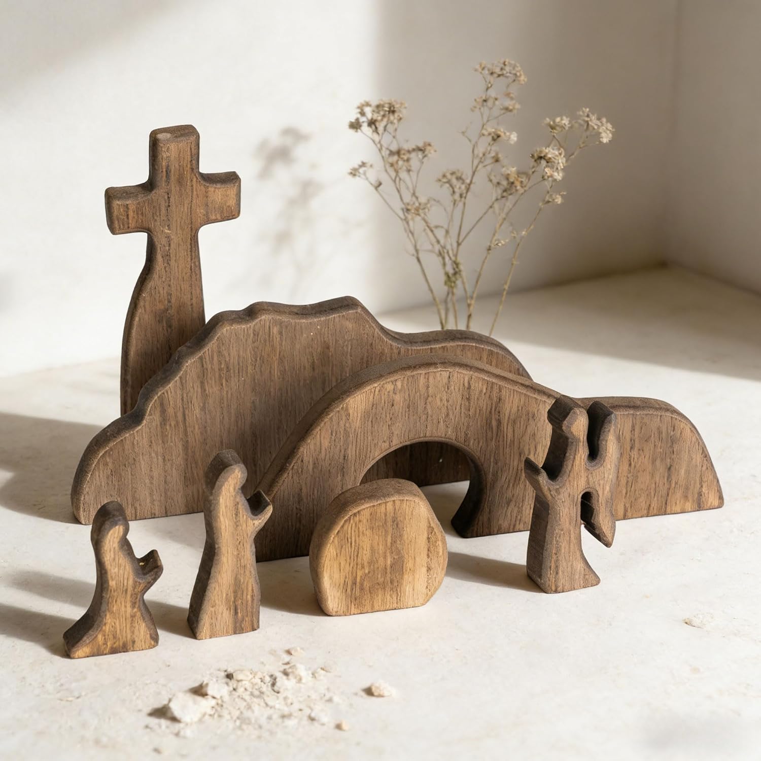 Nerosun Easter Scene Decoration - Wooden Jesus Resurrection Nativity Set | Christian Tabletop Decor