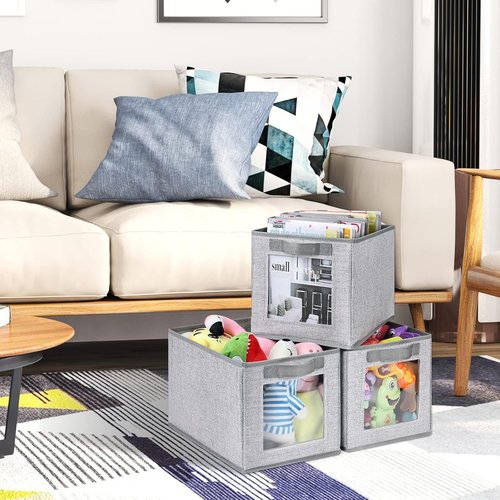 Homsorout Closet Storage Bins - Fabric Organizer Cubes with Window, 11-Inch, 3-Pack, Blended Linen