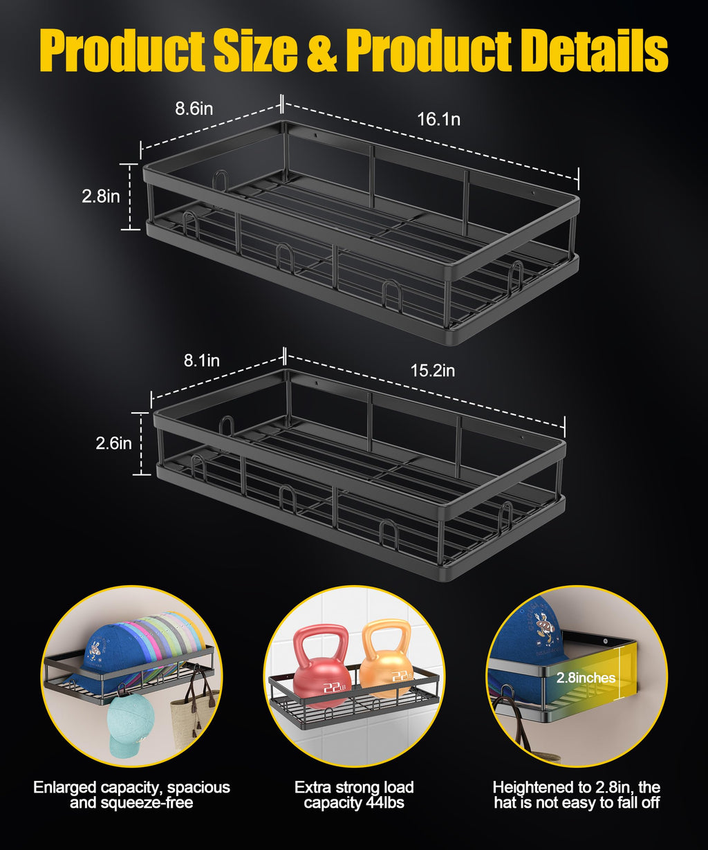 Sunfanie 2 Packs Metal Hat Rack for Wall, Holder with Multiple Hooks, Organizer for up to 40 Baseball Caps, Sturdy Wall Drilled Rack, Storage for Door/Closet, Black