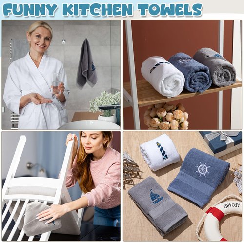 HunnmingRe 3 Pcs Nautical Hand Towels 13.3 x 28.4'' Nautical Bathroom Decor Summer Dark Blue White Cotton Dish Towels Coastal Boat Owners Gift for Home Bath Kitchen Beach Accessories