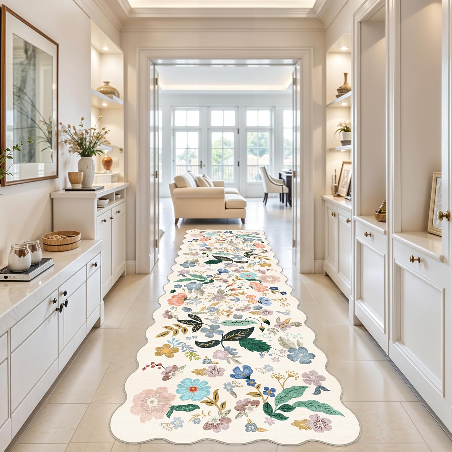 Regine Switzerland Washable 4x12 Wide Area Rug - Soft Floral Scalloped Design | Water-Resistant Non-Slip Runner for Entryway, Kitchen, Dining Room