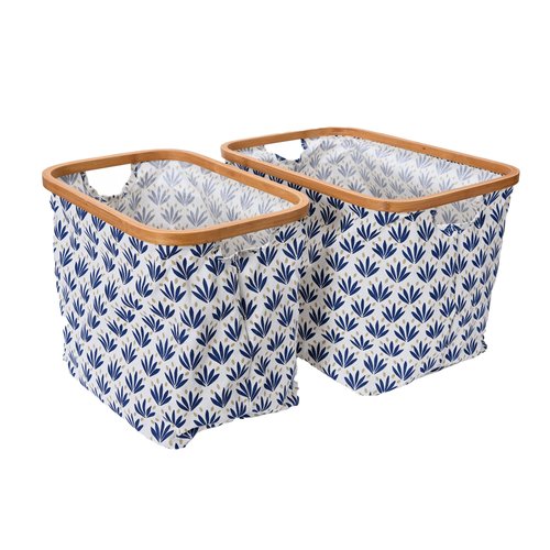 Household Essentials Bamboo Rimmed Krush Hamper with Cutout Handles, Set of 2 Sizes, Blue Cacti