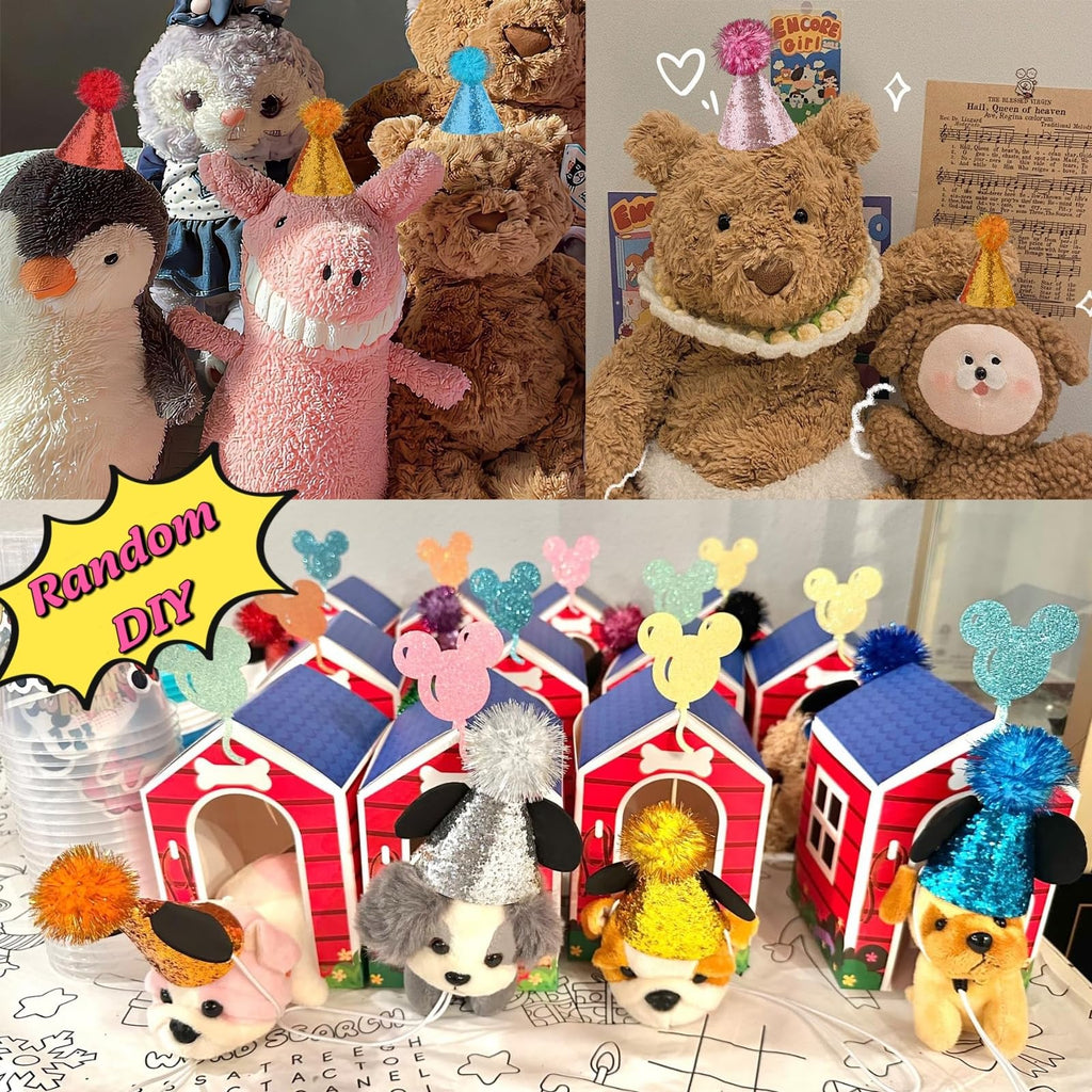 Pai Sence Mini Party Hats for Stuffed Animals Toys Small Party Hats with Pom Poms Glitter Tiny Birthday Hat Bulk S