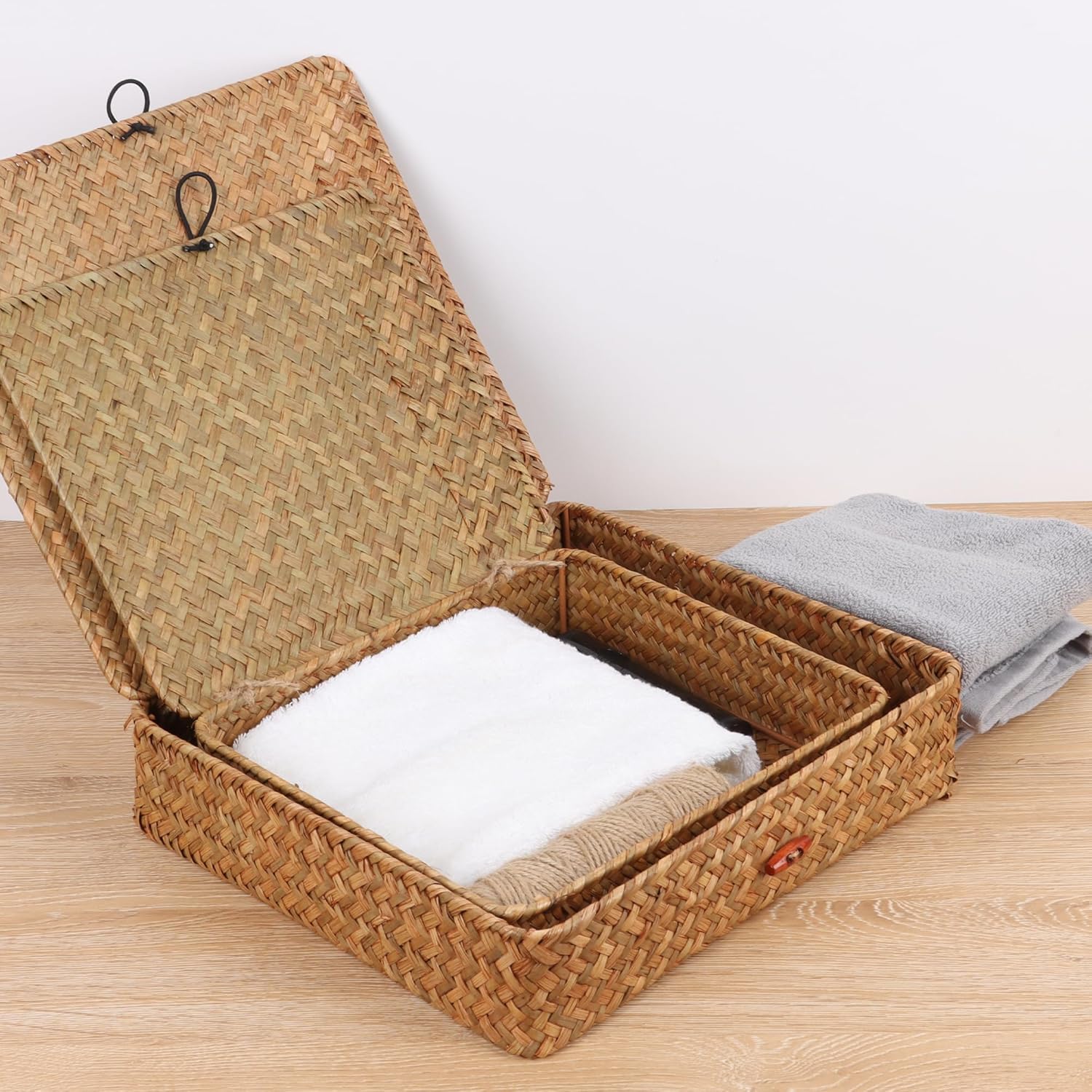 Moosky Wicker Shelf Baskets - Seagrass Storage Bins with Lids | Natural Set of 2 for Home Organization