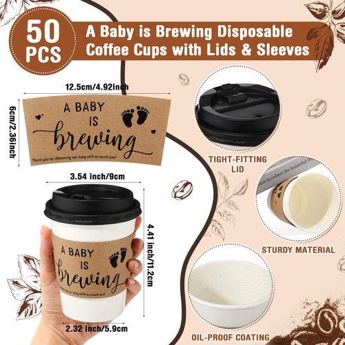 Jingmore 50 Sets Baby Shower Coffee Party Favors for Guests A Babys is Brewing Coffee Cup with Lids Sleeves Disposable Paper Cup Tea Party Supplies for Hot Iced Juice or Tea (12 oz)