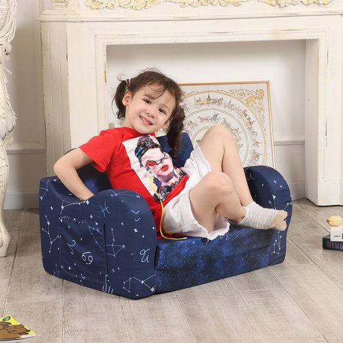 MOMCAYWEX Kids Sofa, 2-in-1 Flip-Out Foam Couch, Foldable Soft Play Lounge Chair, Blue
