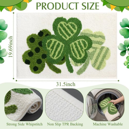 Lyrow St. Patrick's Day Bathroom Rug with 3D Plush Lucky Shamrock 31'' x 20'' St Patricks Day Bathroom Decor Clover Bath Mat Absorbent Bath Rug Non Slip Washable for Bedroom Living Room Home Decor