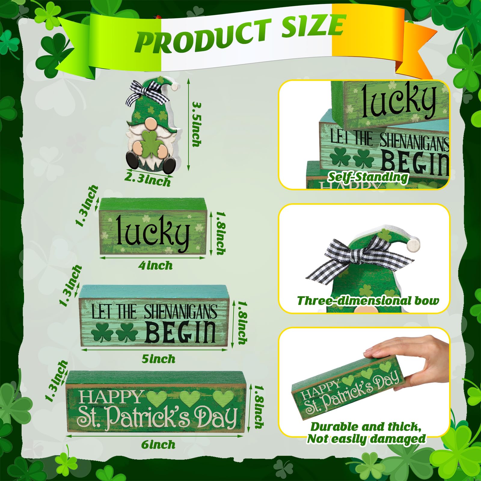 Moucuny 4 Pcs St. Patrick's Day Table Decoration Irish Tiered Tray Decor Wooden Gnome Shamrocks Block Signs Happy St. Patrick's Day Centerpiece for Tables Irish Wooden Sign for Home Decor