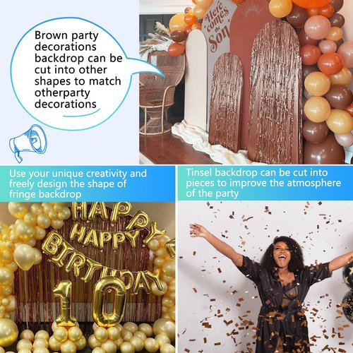 Brown Backdrop Tinsel Foil Curtain Football Party Decorations Streamers 2 Pack 3.3x8.2 ft for Birthday Superball Party Supplies Game Day Decorations Graduation Wedding Baby Shower Bridal Easter