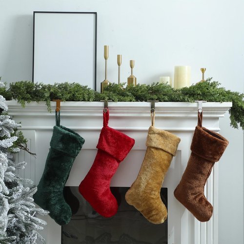Hoosige 12 Pcs Christmas Stocking 18'' Bulk Thick Plush Fabric Hanging Christmas Stocking Decorations for Xmas Holiday Family Party Tree Fireplace Classic Ornaments (Red,Brown,Khaki,Dark Green)