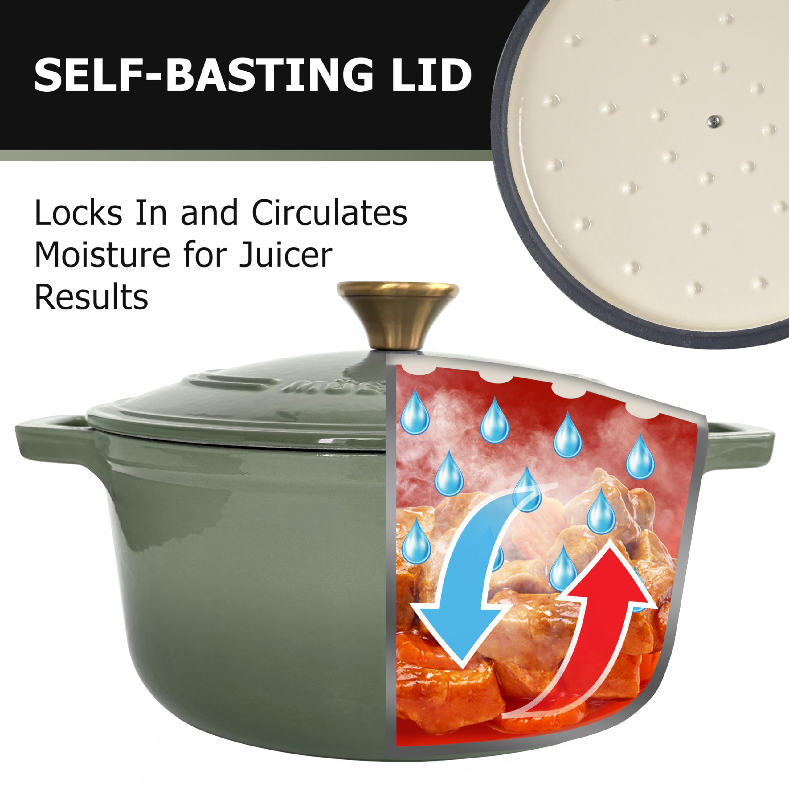 MUELLER HOME 6 Quart Enameled Cast Iron Dutch Oven For Sourdough Bread Baking, Heavy-Duty, Oven-Safe up to 500° F & Across All Cooktops, Casserole Dishes, Green Kitchen Accessories, Thyme Green