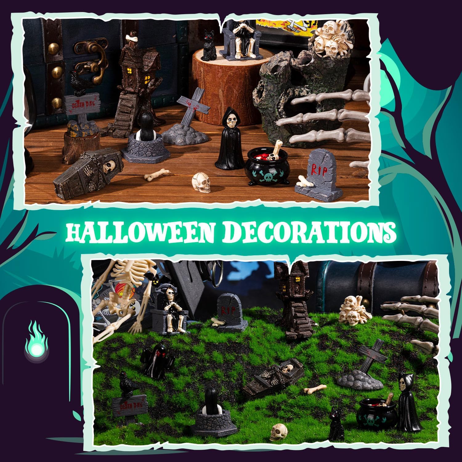 Skiennix 19-Piece Halloween Mini Figurines Set - Resin Skull Heads, Crow & Tombstone Ornaments for Home Decor