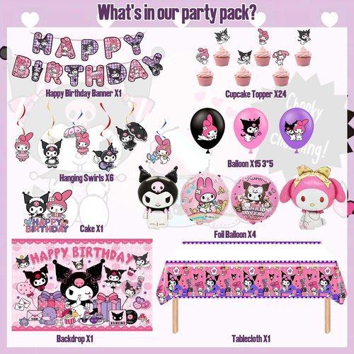 Kawaii Birthday Decorations, Cute Party Favors, Party Supplies Set Include Banner, Foil Balloons, Tablecloth, Backdrop, Cake Toppers, Hanging Swirl for Girls