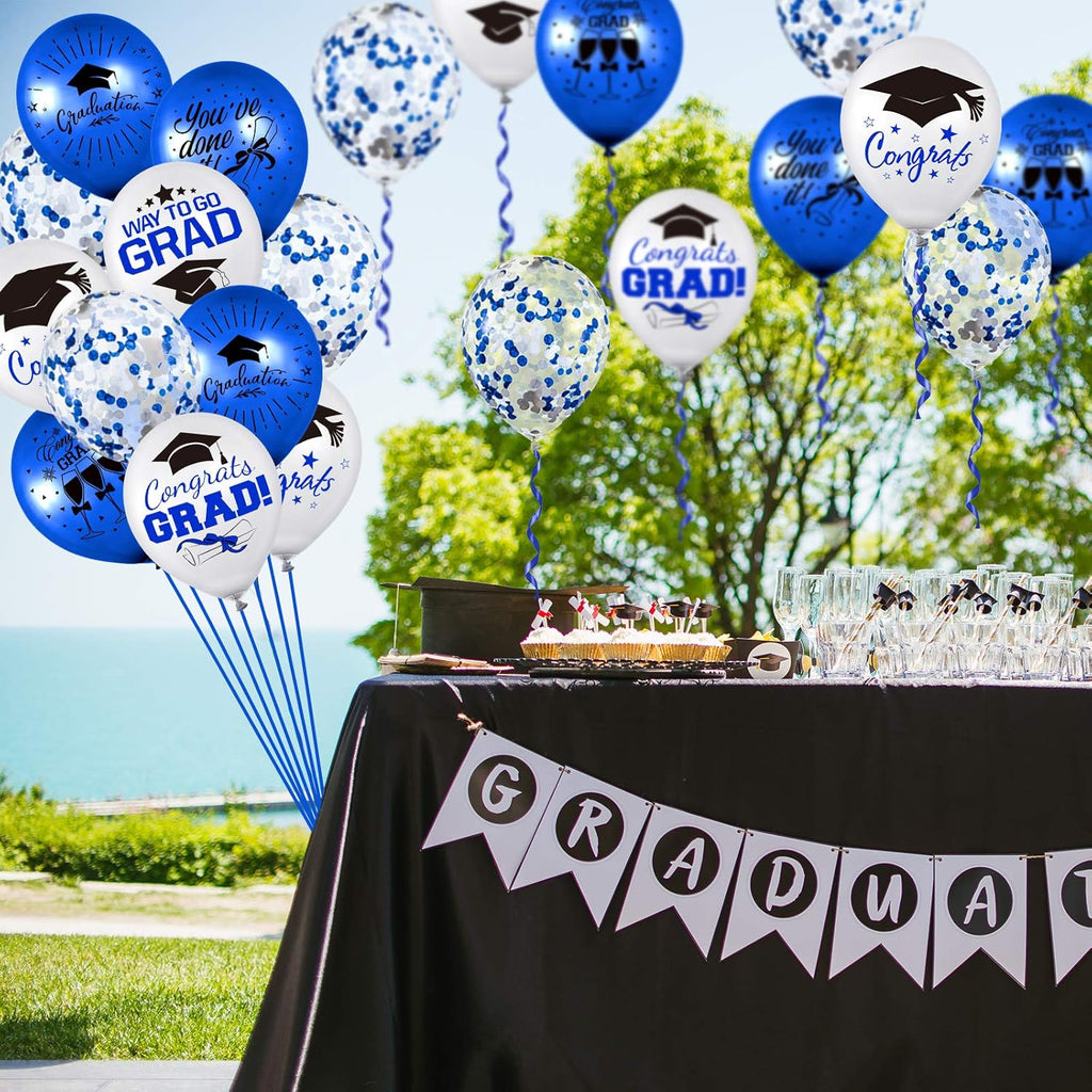 Whaline Graduation Party Balloon Set - 60 Pcs with Blue & White Confetti | 7 Designs & 2 Rolls of Ribbon