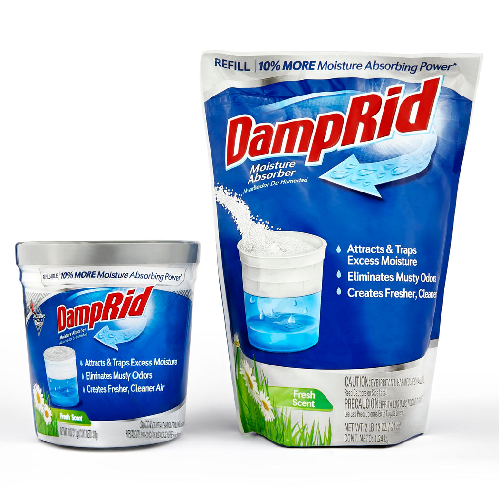 Damp Rid Moisture Absorber Refillable System – 44oz Damp Rid Refill Bag with 11oz Cup, Odor and Moisture Absorber for Closet, Bathroom & Home, Fresh Scent– ILIOS Packaging