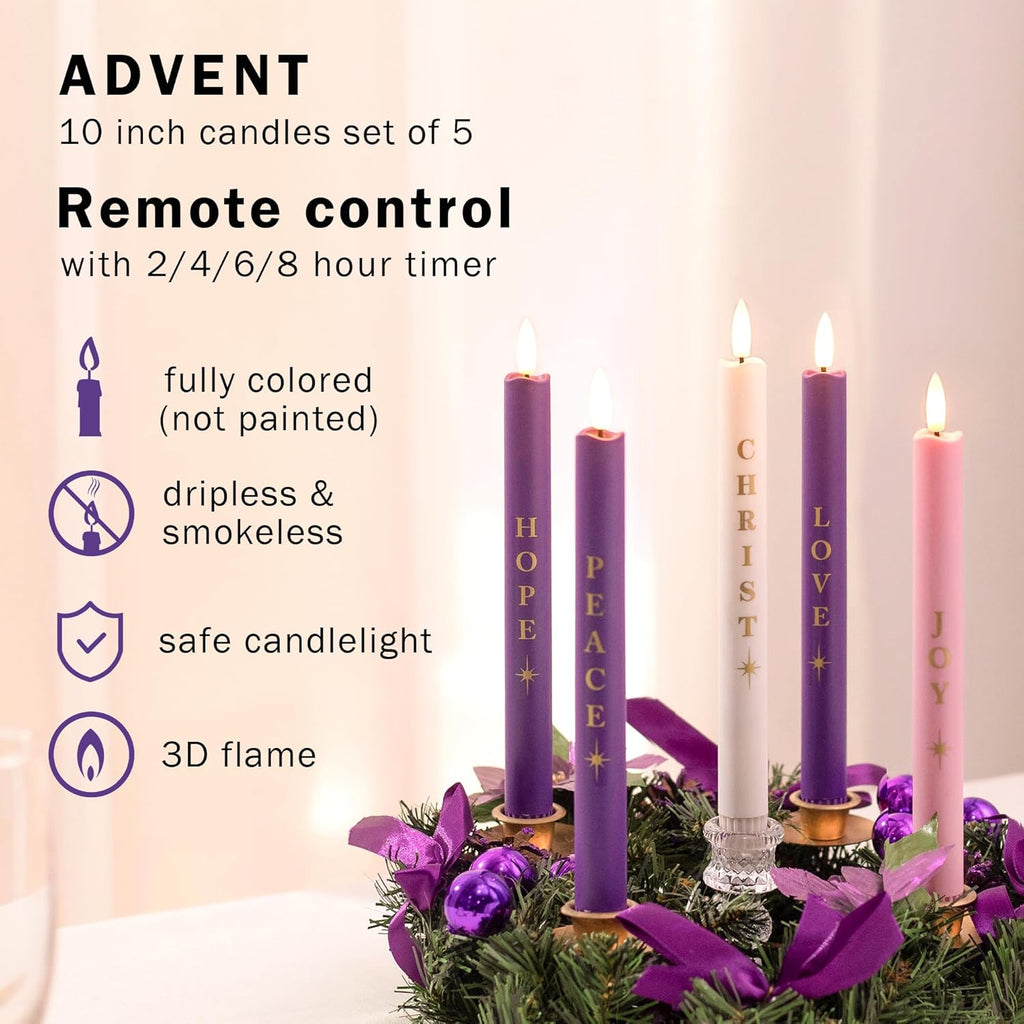Stmarry Flameless Advent Candles - Realistic 3D Flames, Battery Operated | Set of 5, 10 Inch Tall with Remote Control